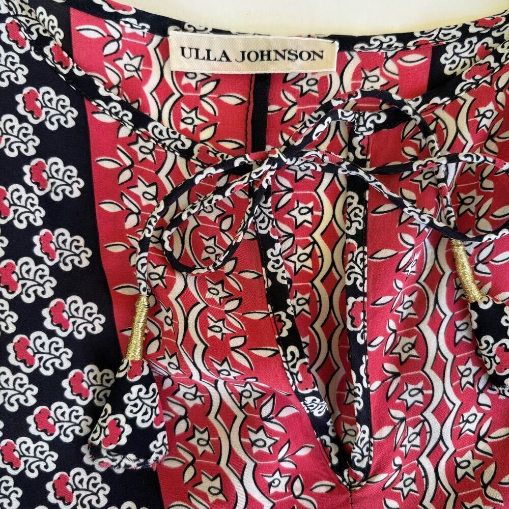 Ulla Johnson Bea Silk Blouse Size 8 Indian Floral Print Tasseled Neck Ties - Picture 3 of 7